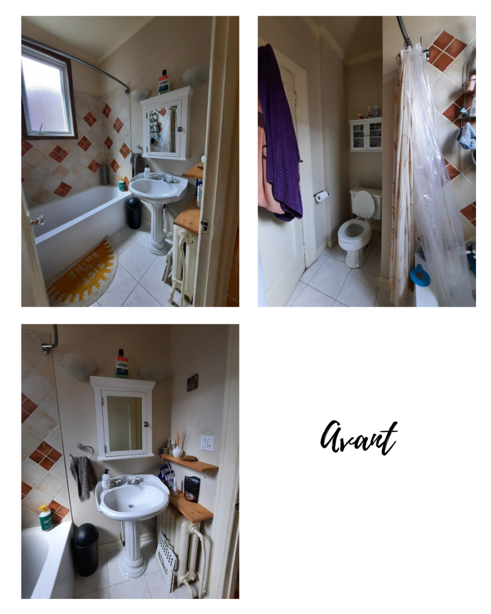 Collage d'une salle de bain avec baignoire, lavabo et WC. Les murs sont carrelés de couleur marron et divers objets sont disposés sur les étagères et le lavabo. Le mot « Avant » est affiché, indiquant une vue avant.